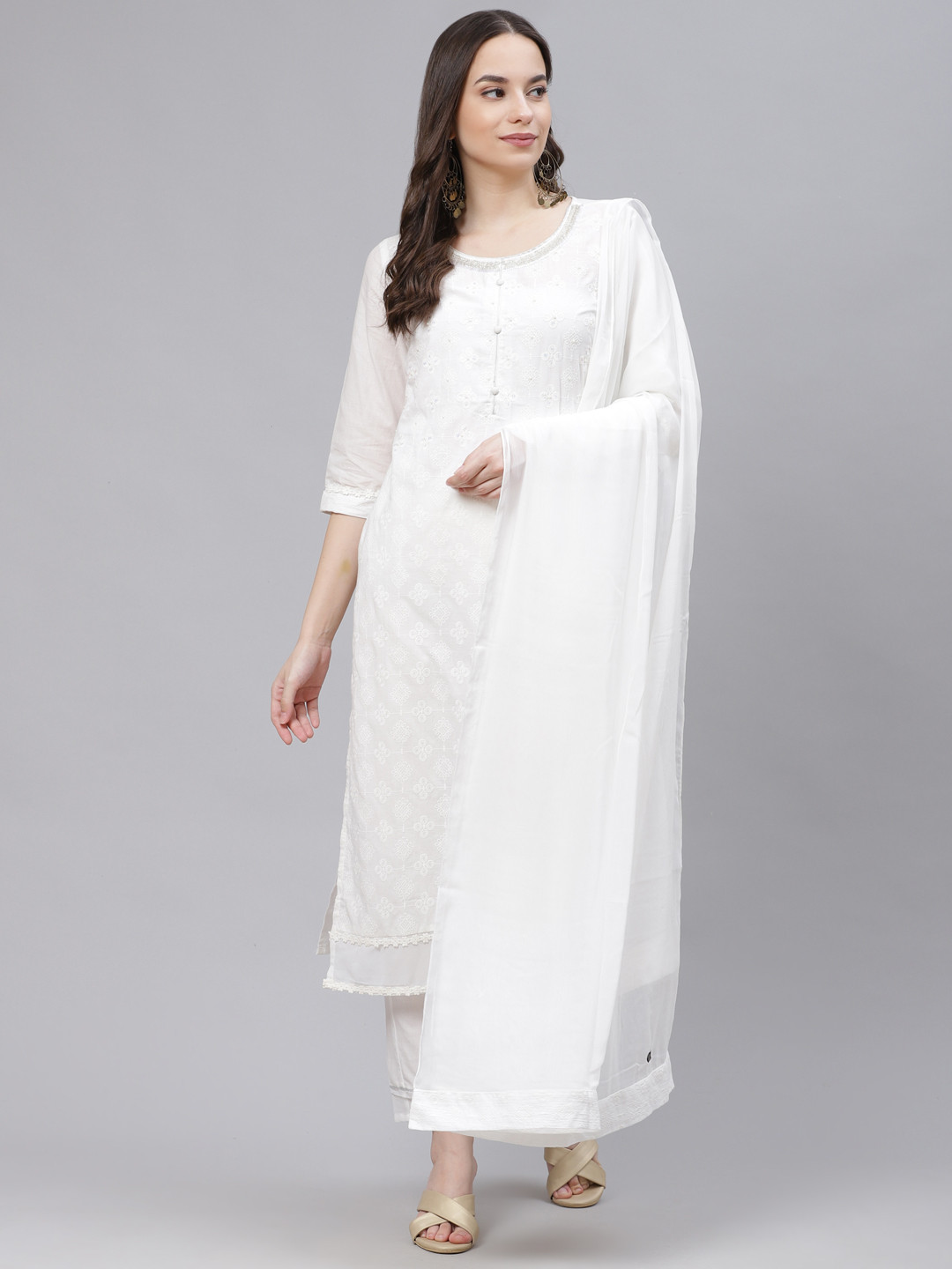 

AURELIA Women White Motifs Print Beads Cotton Straight Kurta with Trousers & Dupatta