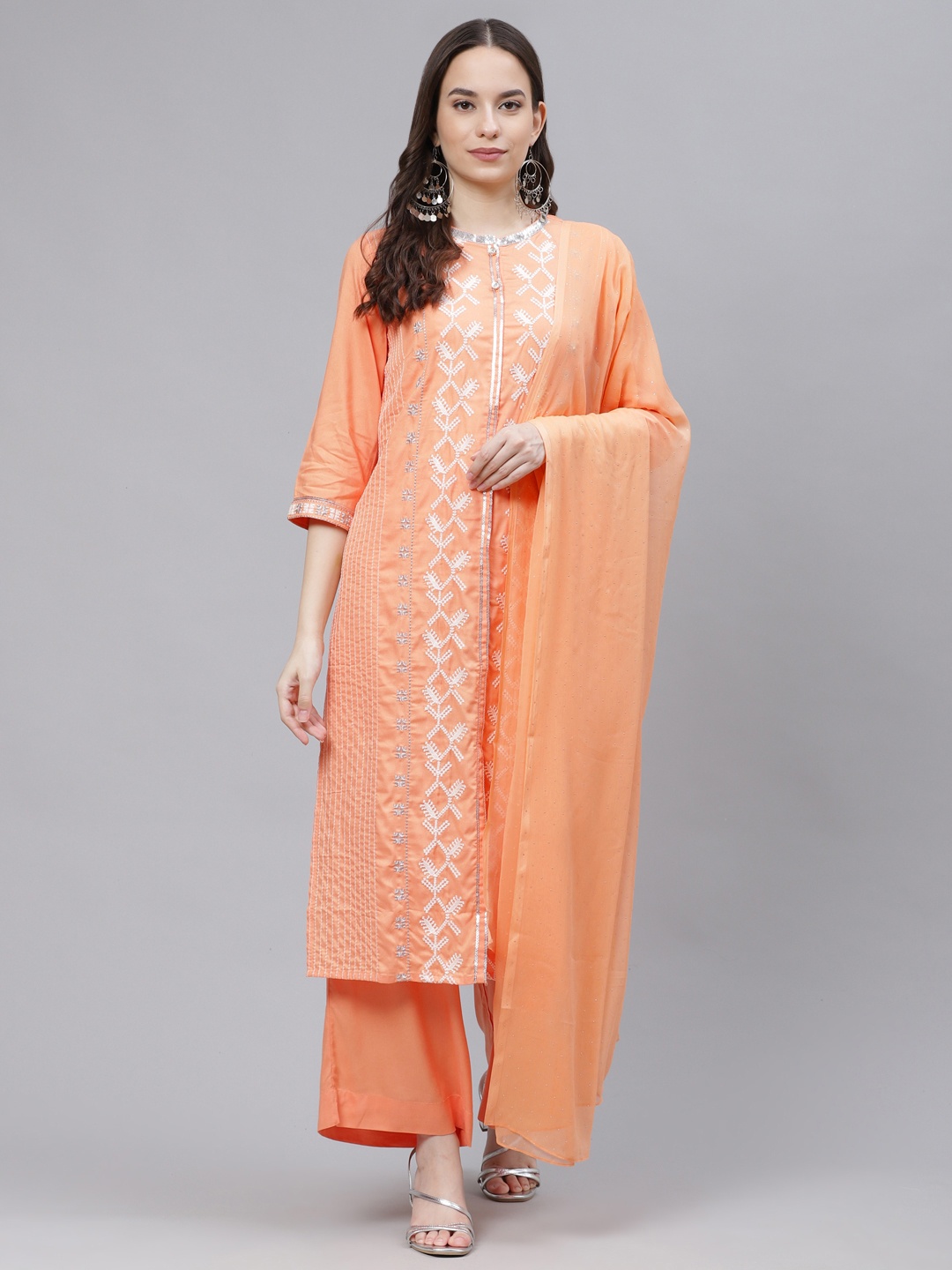 

AURELIA Women Peach Coloured Motifs Print Thread Work Kurta with Palazzos & Dupatta