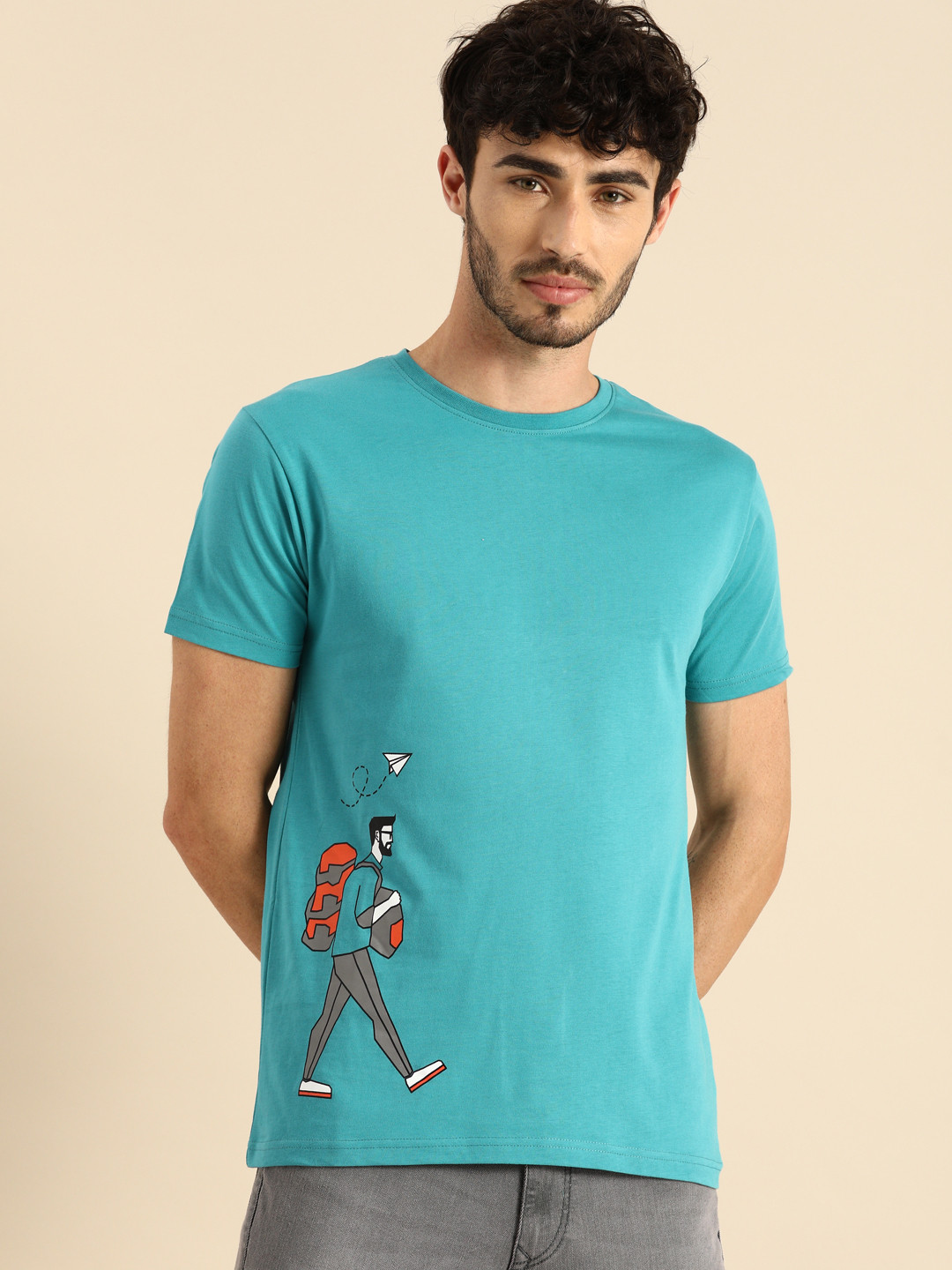 

Bewakoof Men Turquoise Blue Printed Round Neck Pure Cotton T-shirt