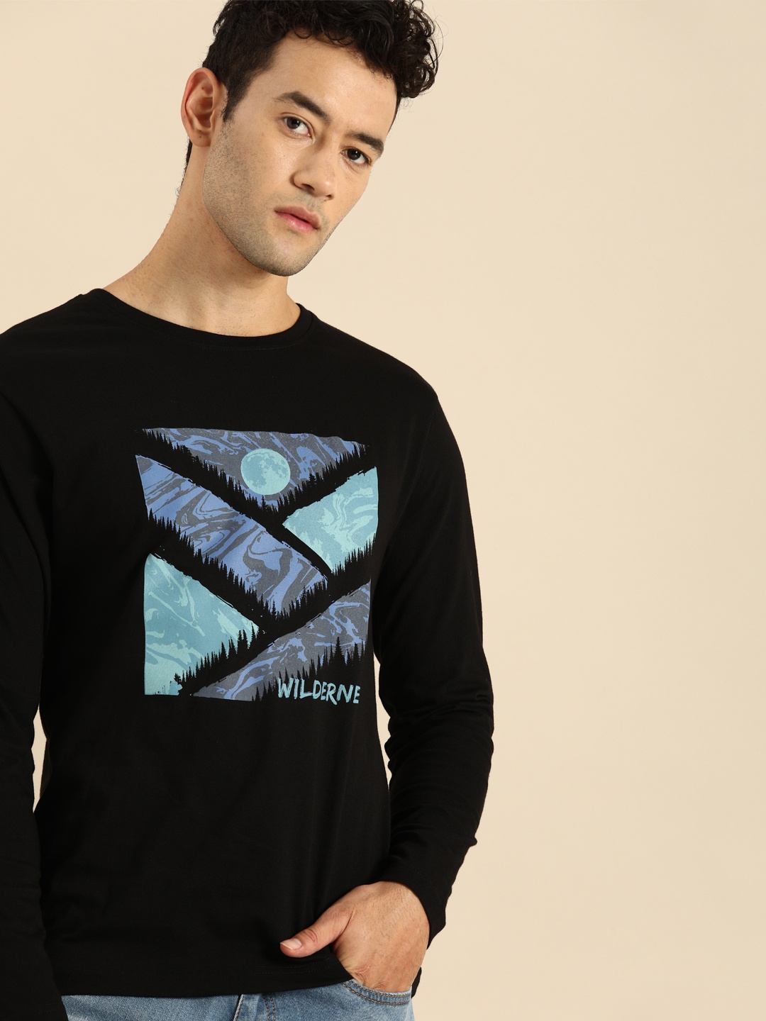 

Bewakoof Men Black Printed Round Neck Pure Cotton T-shirt