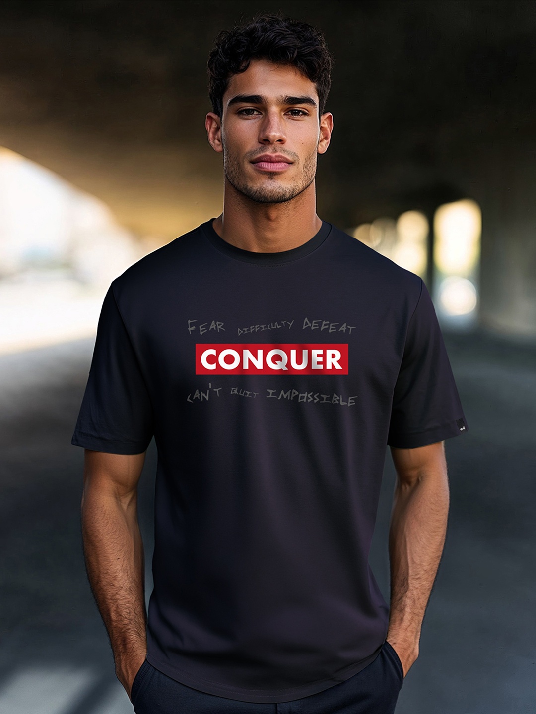 

Bewakoof Men Navy Blue Conquer Printed Round Neck Pure Cotton T-shirt