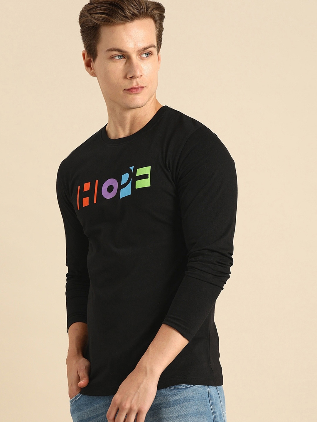 Bewakoof Men Black Printed Round Neck Pure Cotton T-shirt