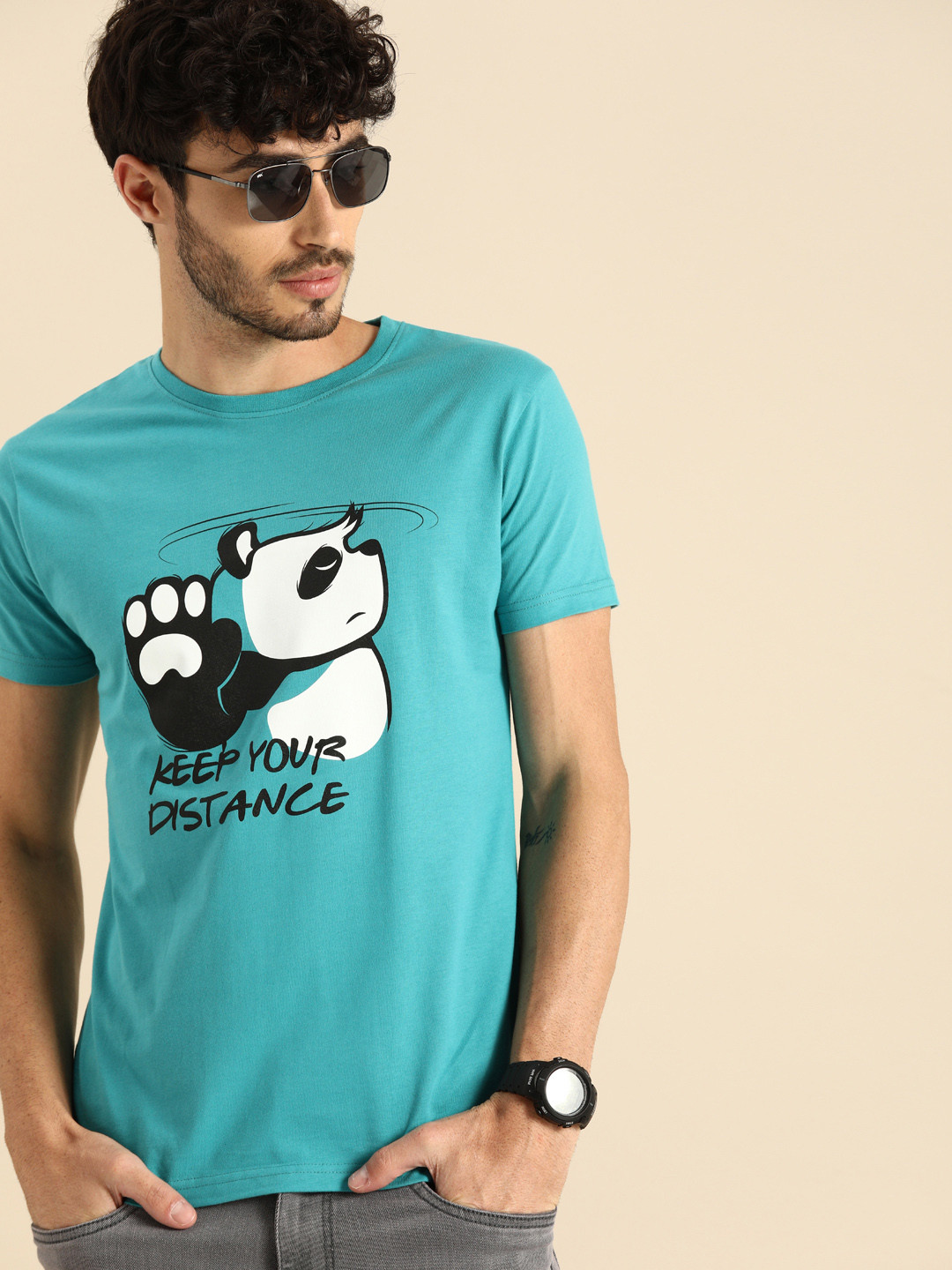 

Bewakoof Men Turquoise Blue Printed Round Neck Pure Cotton T-shirt