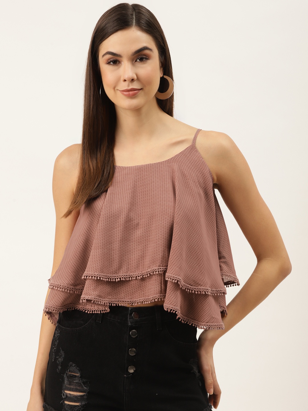

ZIZO By Namrata Bajaj Dusty Pink Teardrop Print Layered Crop A-Line Top with Lace Detail