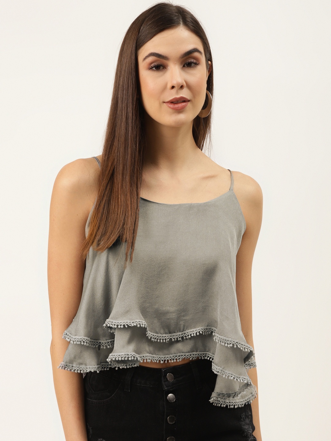 

ZIZO By Namrata Bajaj Grey Solid Layered Crop A-Line Top with Lace Detail