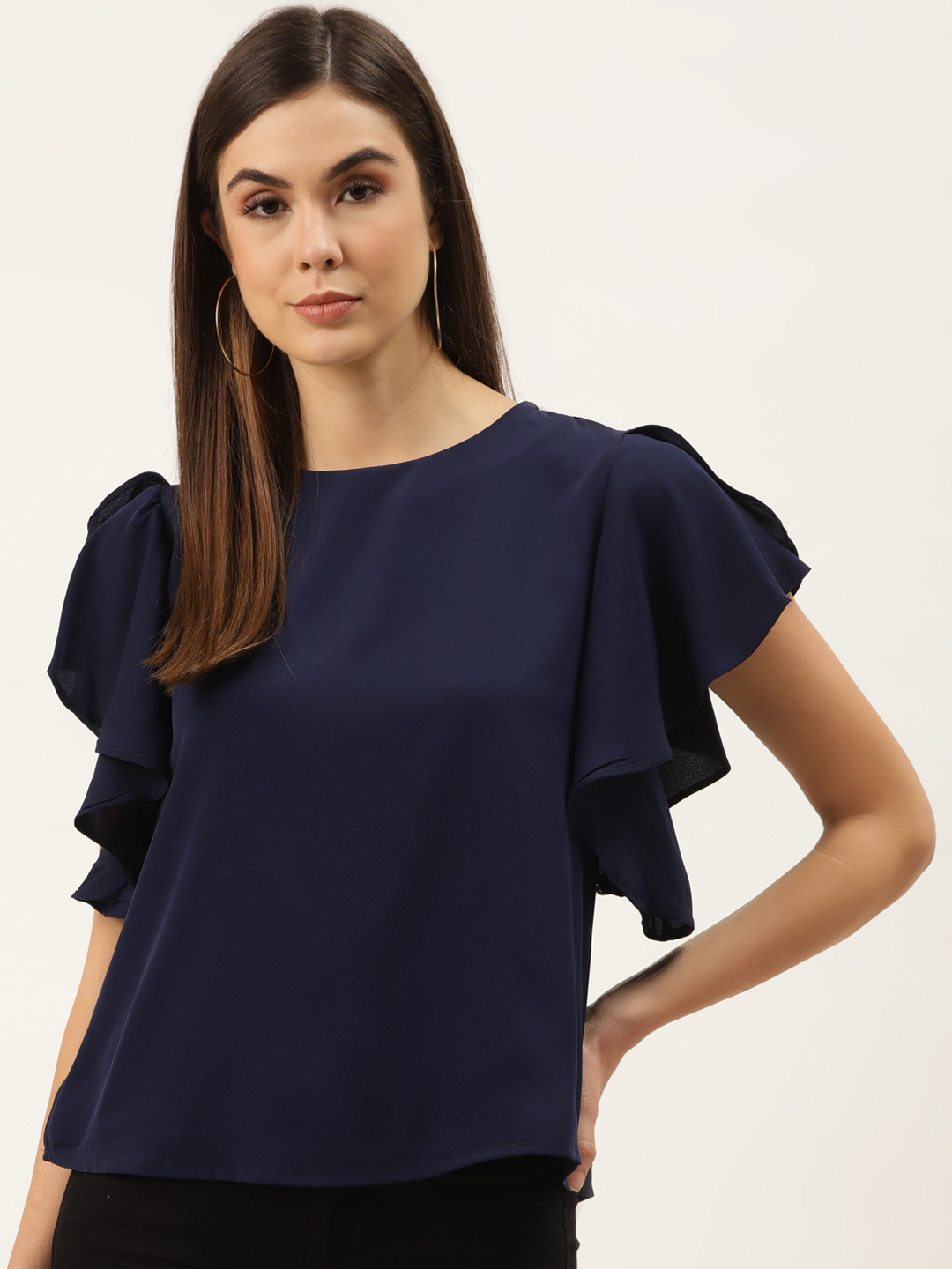 

ZIZO By Namrata Bajaj Navy Blue Solid Ruffled Top