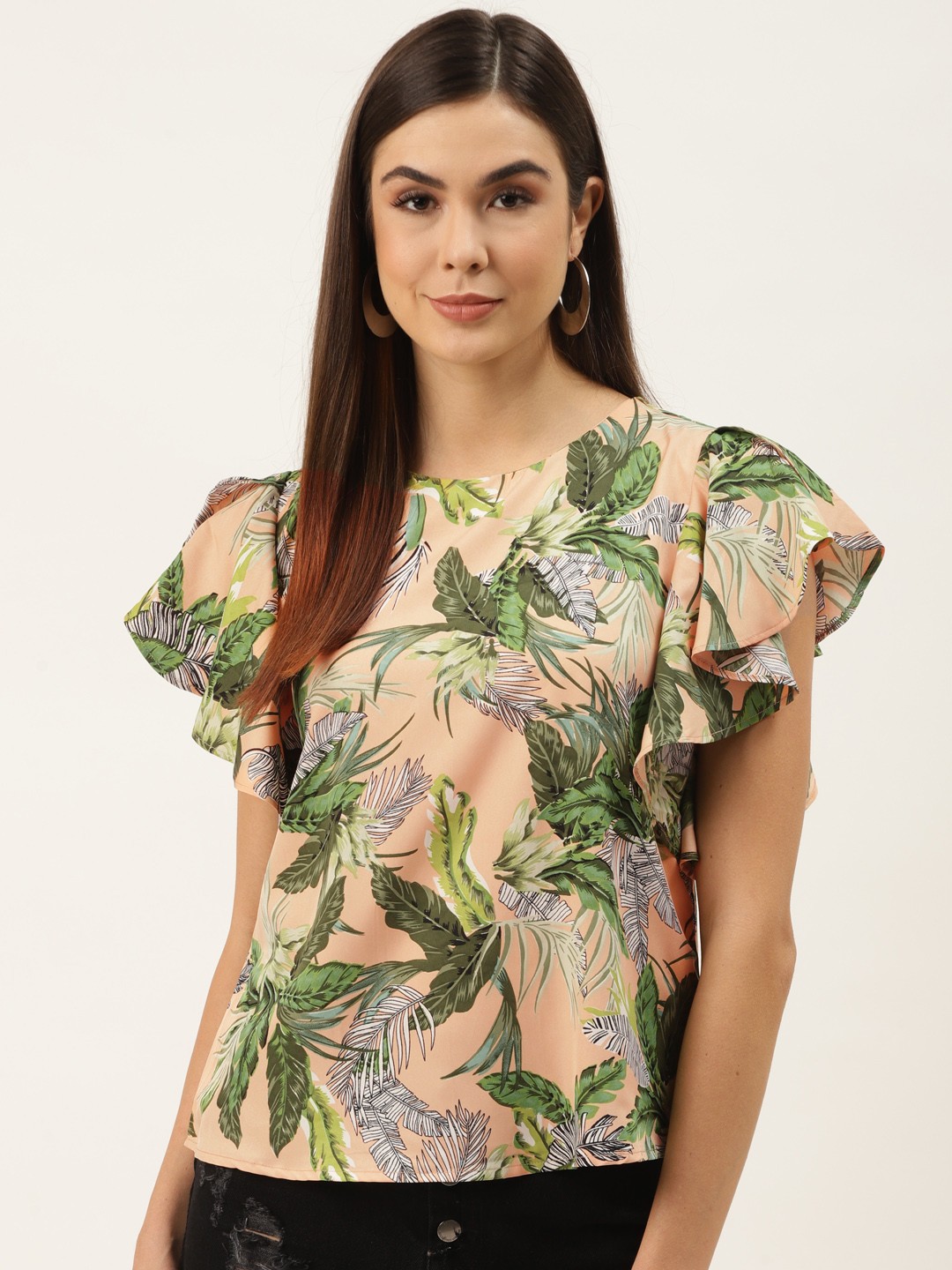 

ZIZO By Namrata Bajaj Women Peach-Coloured & Green Tropical Printed Top