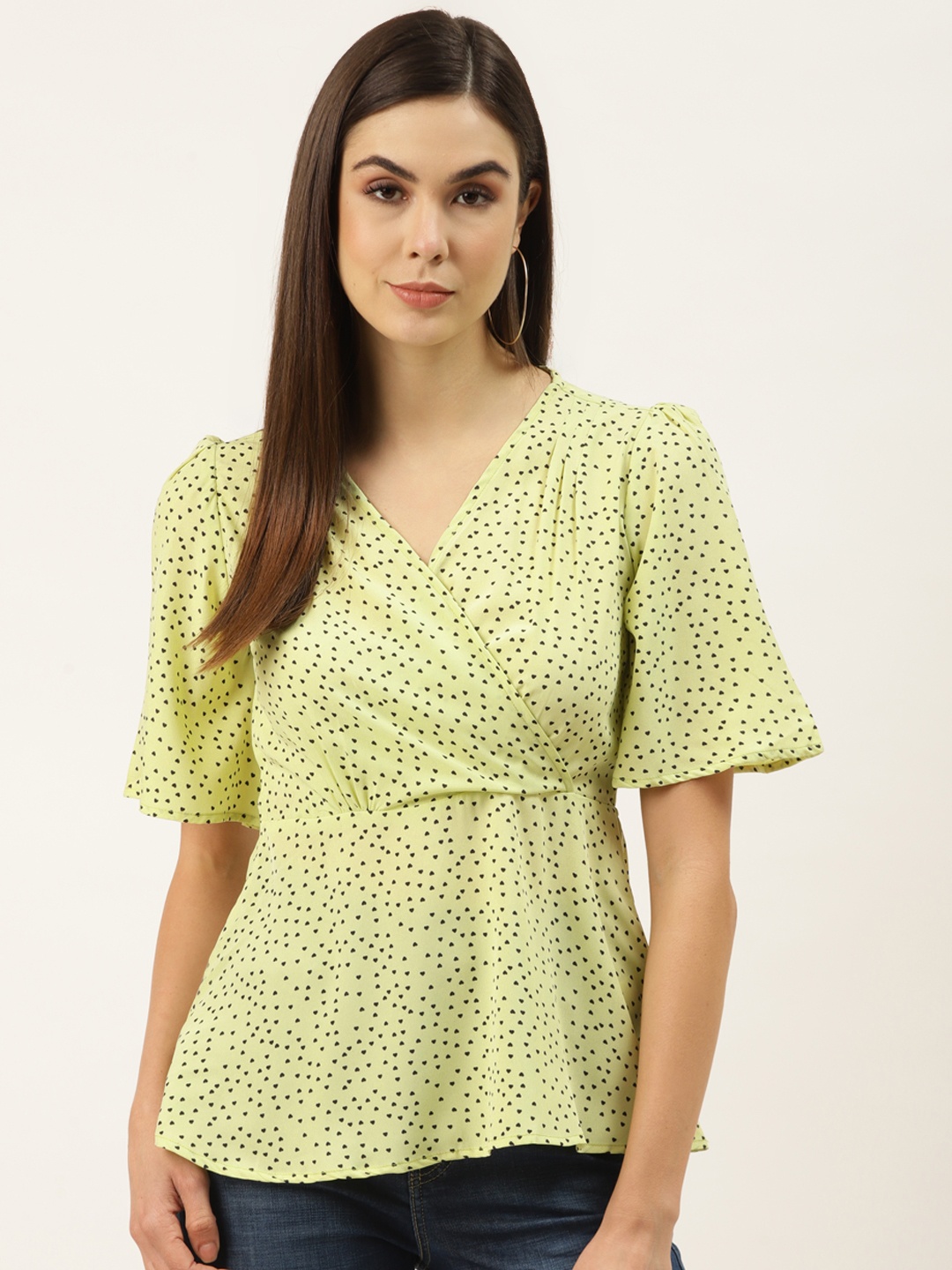 

ZIZO By Namrata Bajaj Women Lime Green & Black Heart Shaped Printed Wrap Top