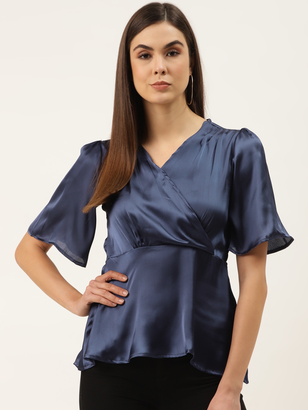 

ZIZO By Namrata Bajaj Women Navy Blue Solid Satin Finish Wrap Top