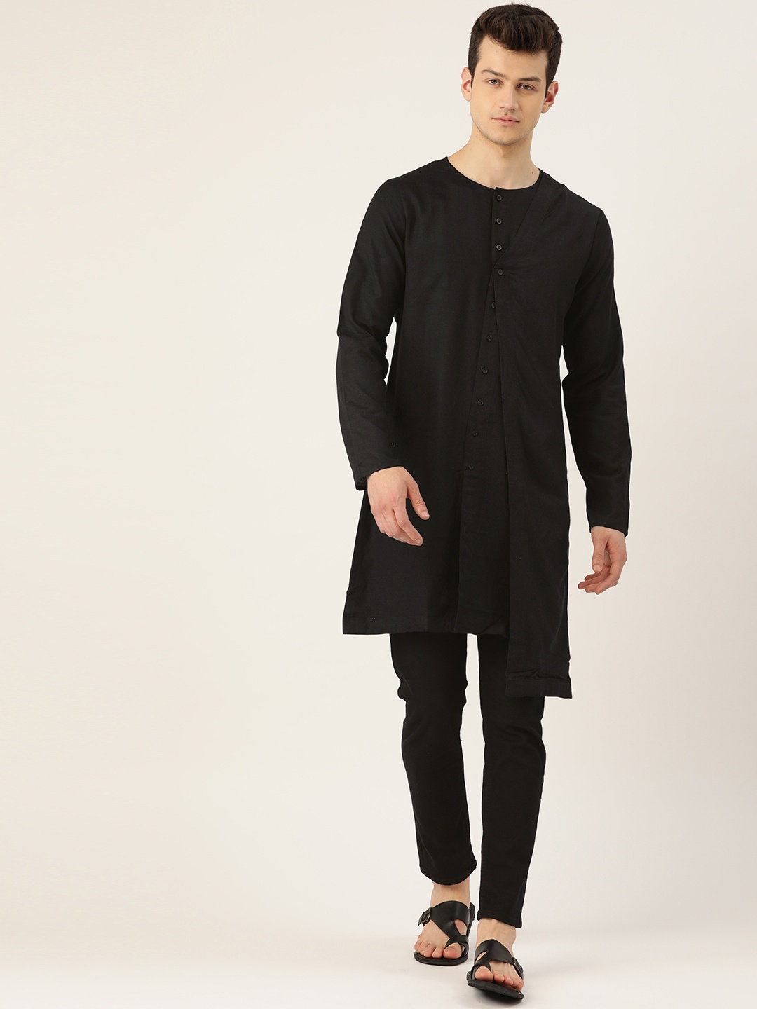 

Molly & Michel Men Black Solid Layered Asymmetric Straight Kurta