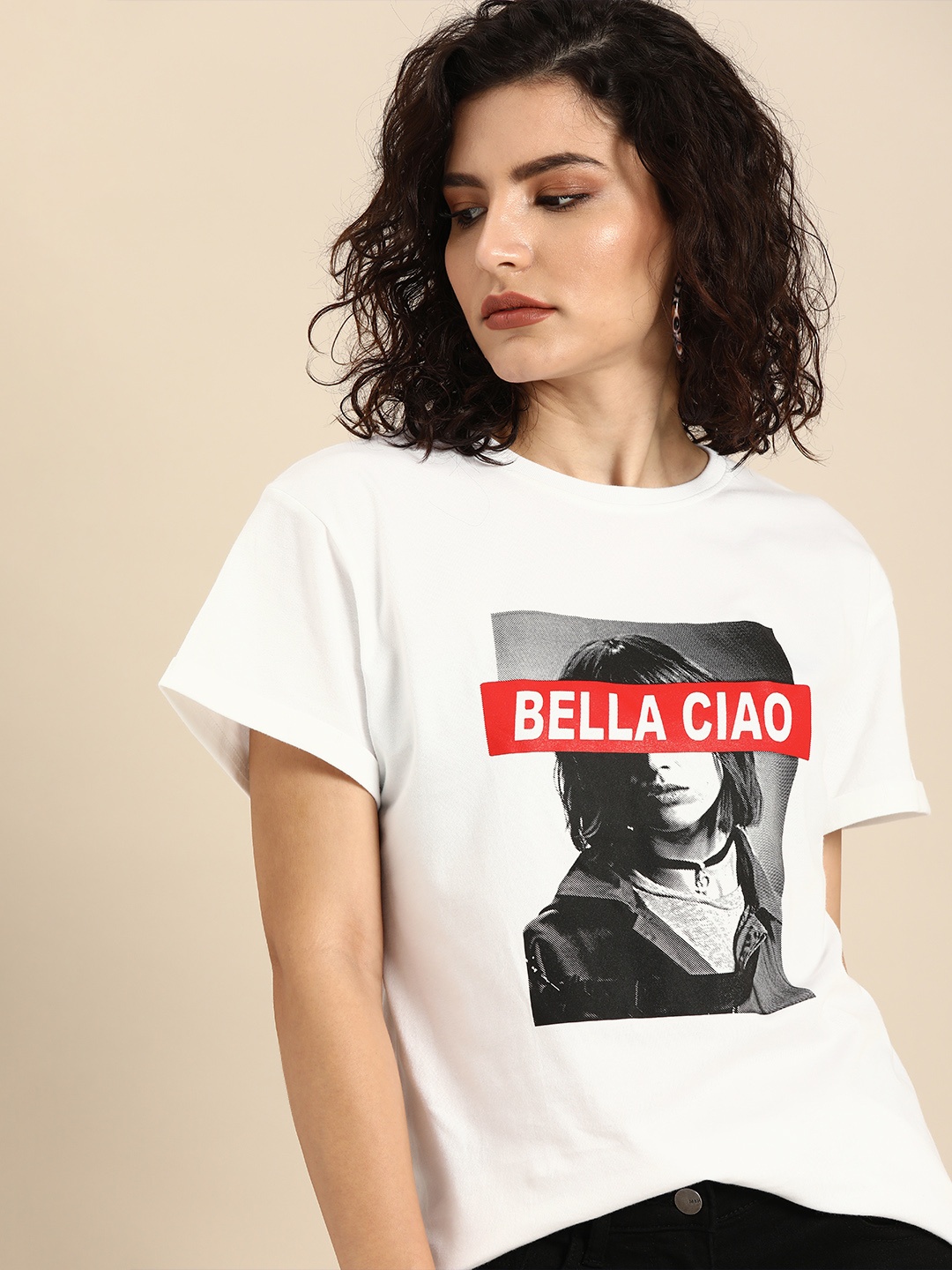 

Bewakoof Women White Bella Tokyo Printed Round Neck Longline Pure Cotton T-shirt
