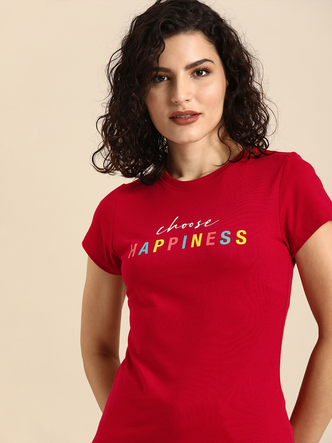 

Bewakoof Women Red Happiness Printed Round Neck Pure Cotton T-shirt