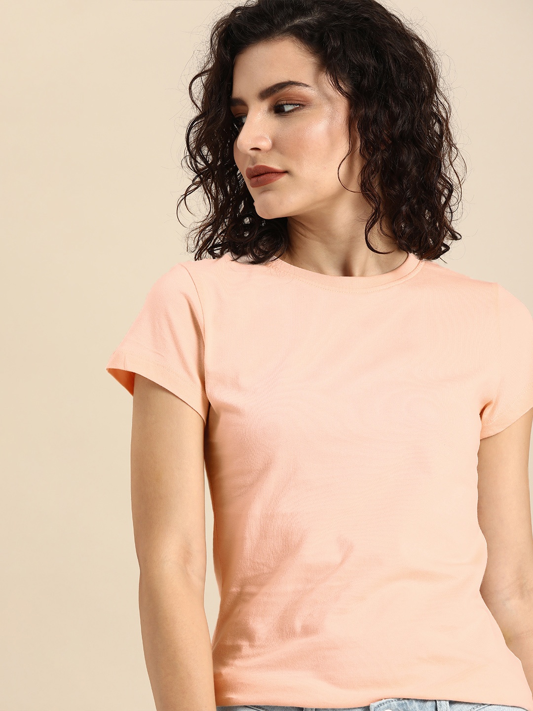 

Bewakoof Women Pink Solid Round Neck Pure Cotton T-shirt