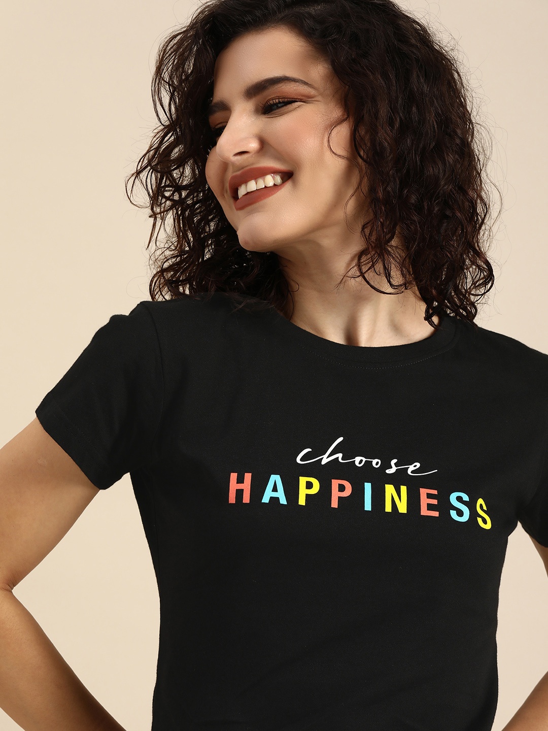 

Bewakoof Women Black Happiness Printed Round Neck Pure Cotton T-shirt