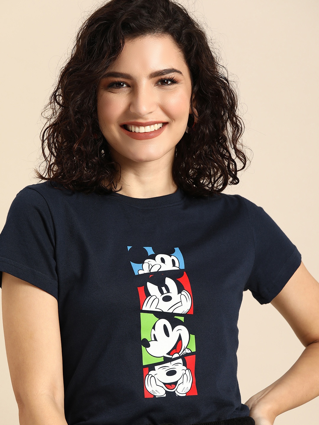 

Bewakoof Women Navy Blue Mickey Printed Round Neck Pure Cotton T-shirt