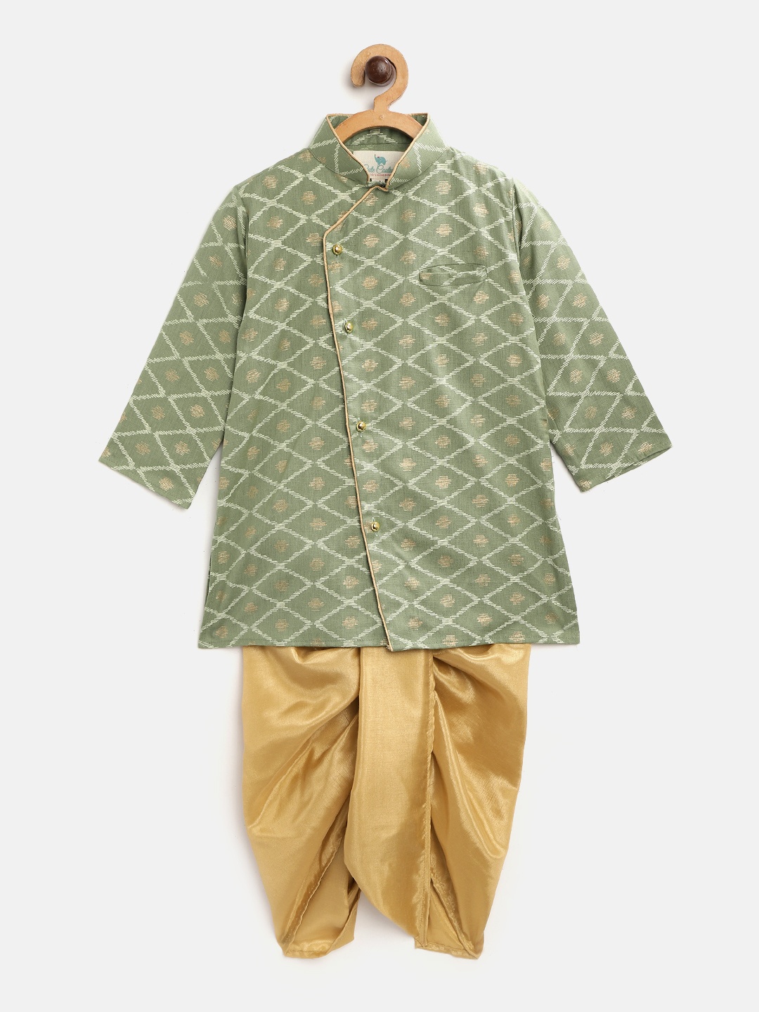 

Cute Couture Boys Green & Golden Geometric Print Kurta with Dhoti Pants