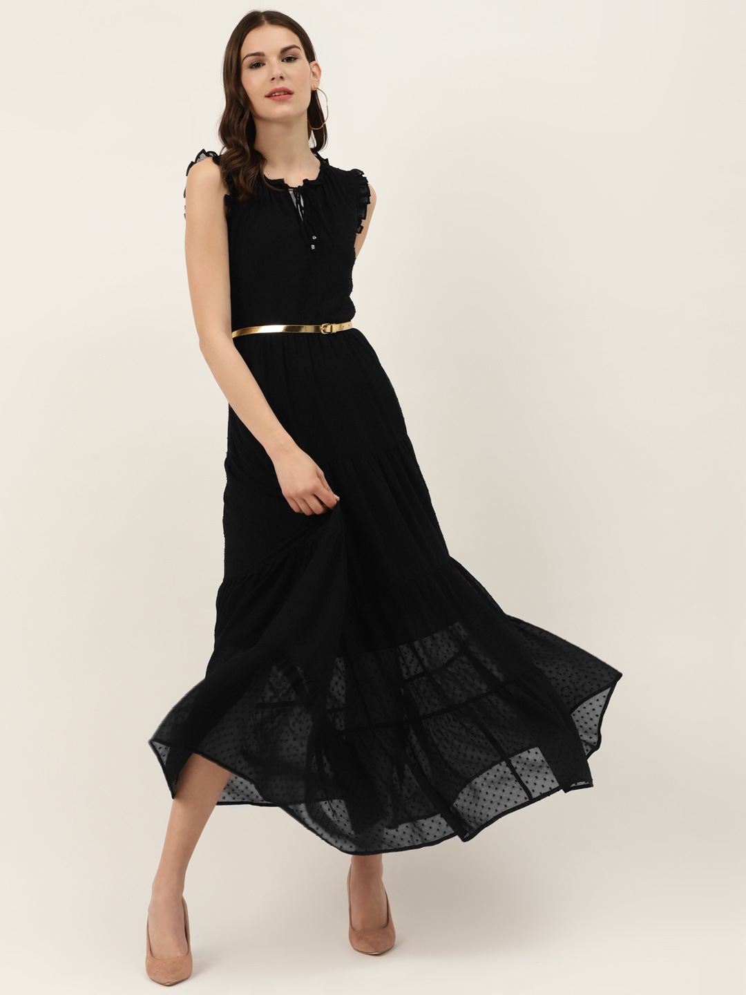 

Off Label Women Black Dobby Weaved Tiered Semi-Sheer Maxi Dress with Belt