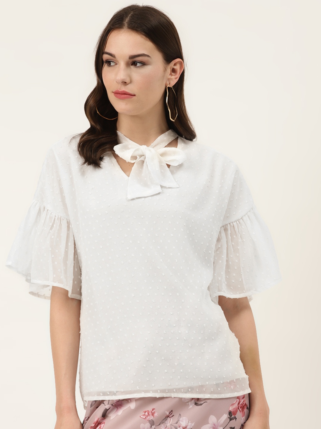 

Off Label Women White Dobby Weave Tie-Up Neck Top