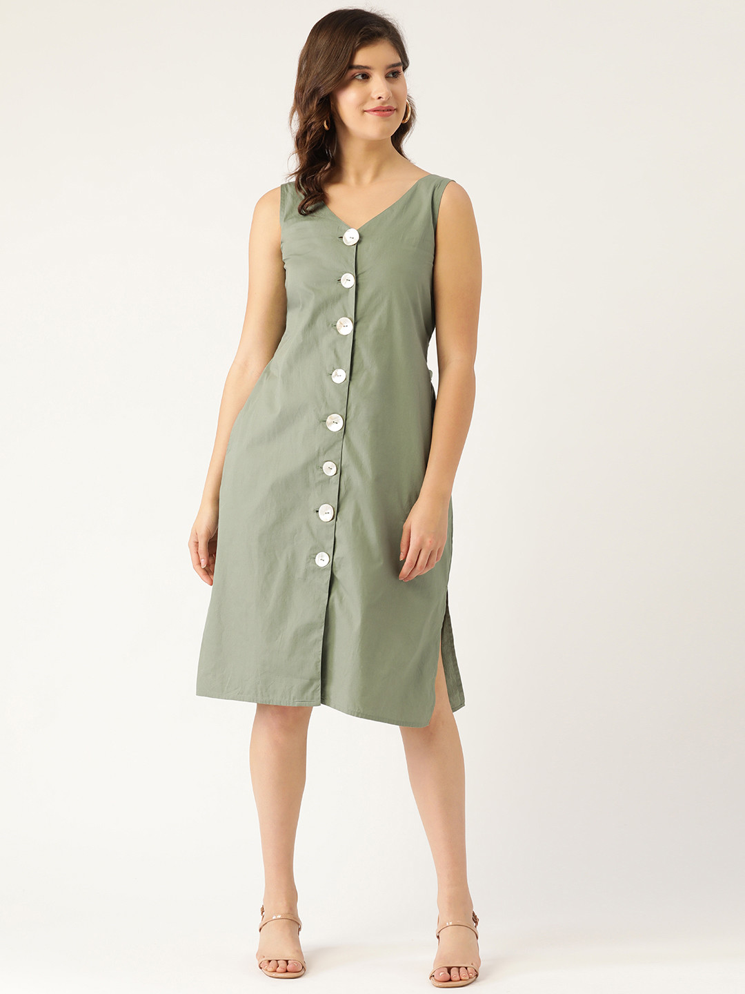 

Off Label Women Olive Green Pure Cotton Solid A-Line Dress With Belt