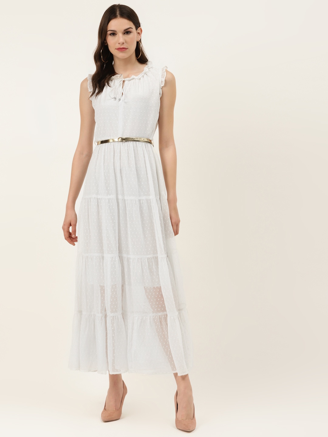 

Off Label Women White Dobby Weaved Tiered Semi-Sheer Maxi Dress