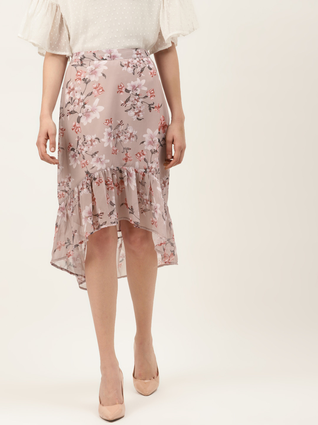 

Off Label Women Mauve & Off-White Floral Print High-Low A-Line Skirt