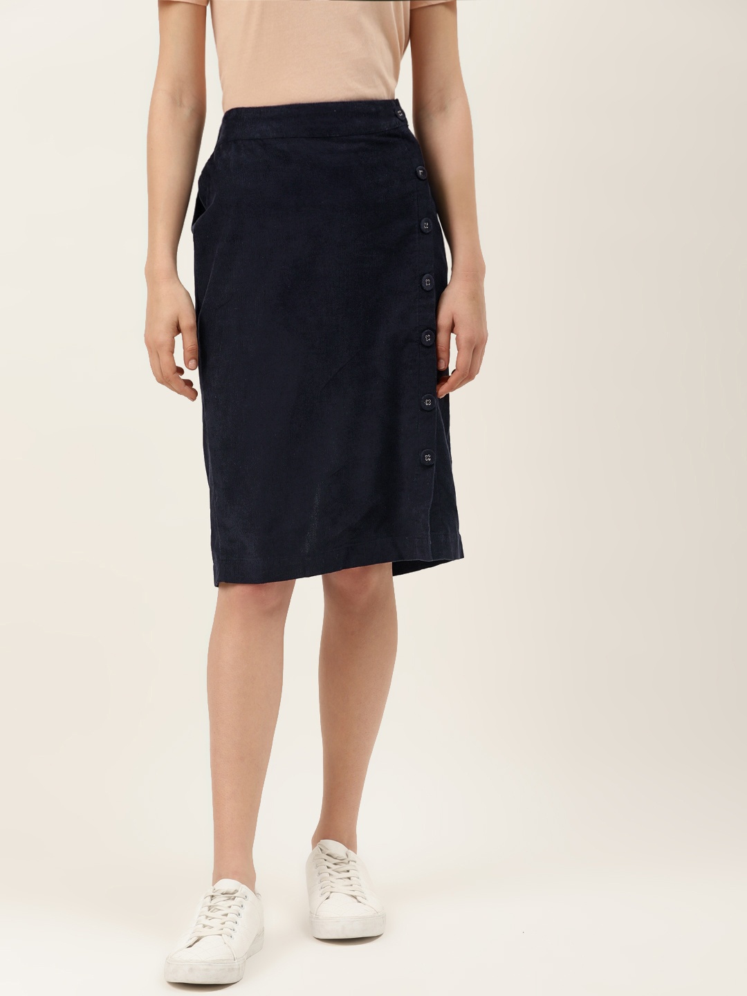 

Off Label Women Navy Blue Corduroy Pure Cotton Straight Skirt