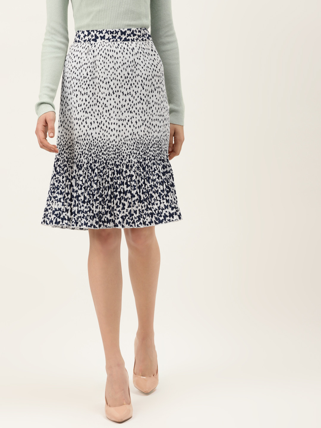 

Off Label Women White & Navy Blue Accordion Pleats Butterfly Print A-Line Skirt