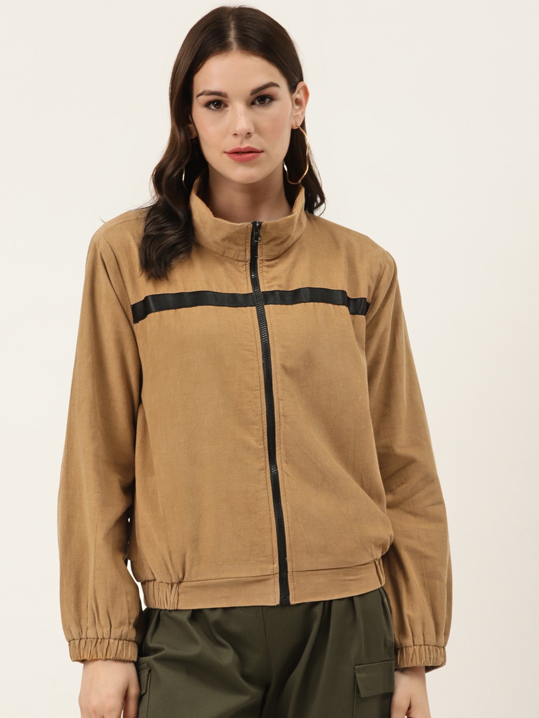 

Off Label Women Beige Cordoury Solid Bomber Jacket