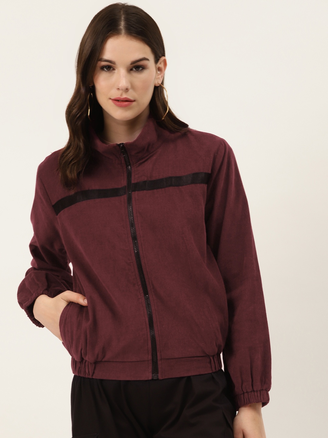 Off Label Women Burgundy Cordoury Solid Bomber Jacket