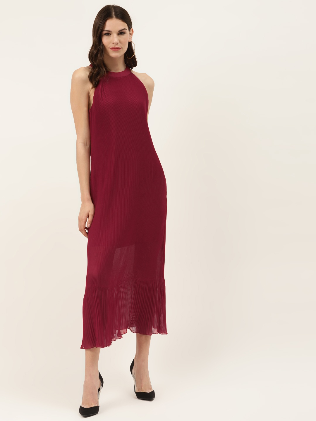 

Off Label Women Maroon Accordion Pleated Solid Maxi Dress