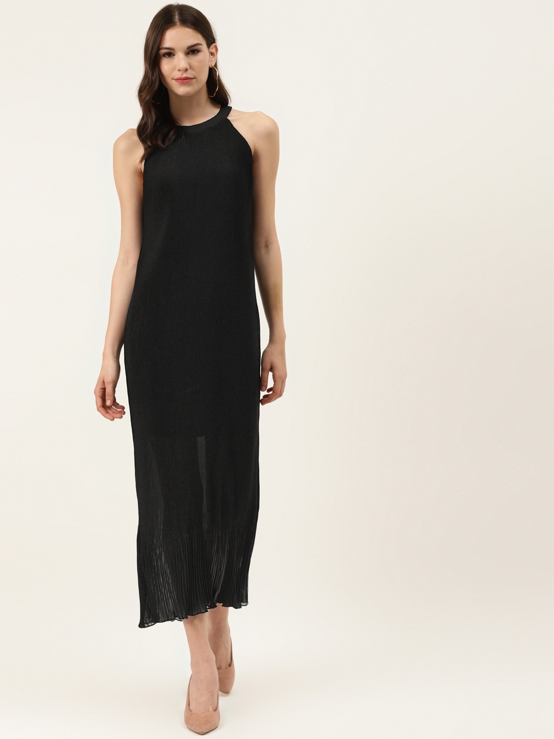 

Off Label Women Black Accordion Pleats Solid Maxi Dress