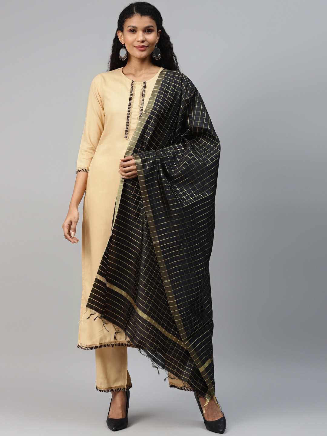 

mokshi Women Beige Solid Kurta with Palazzos & Dupatta