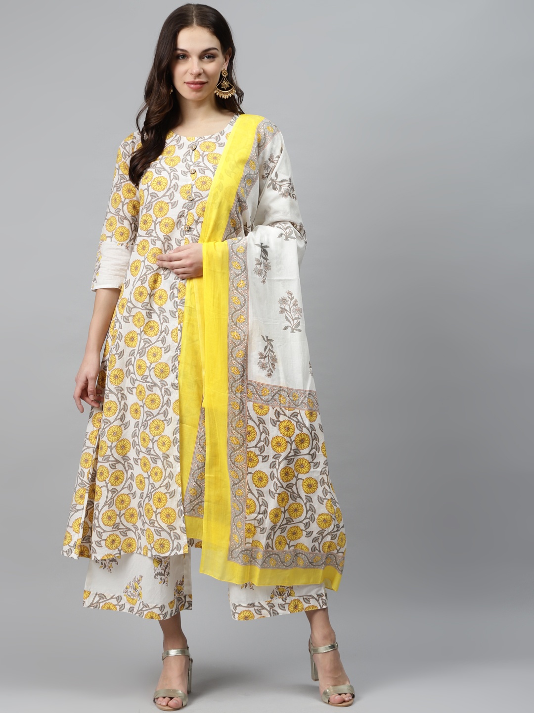 

mokshi Women Yellow & White Printed Kurta with Palazzos & Dupatta