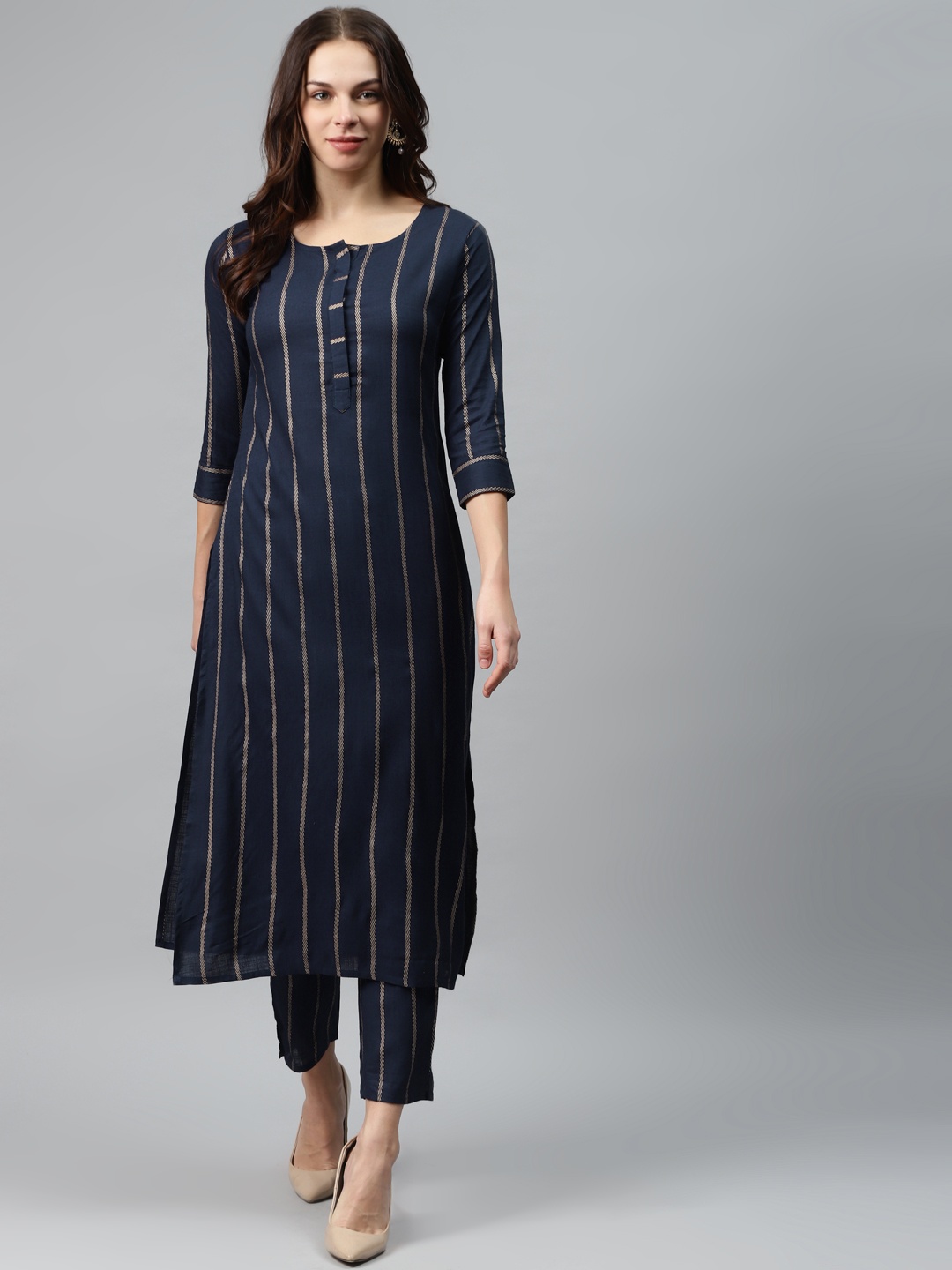 

mokshi Women Navy Blue & Golden Striped Kurta with Trousers