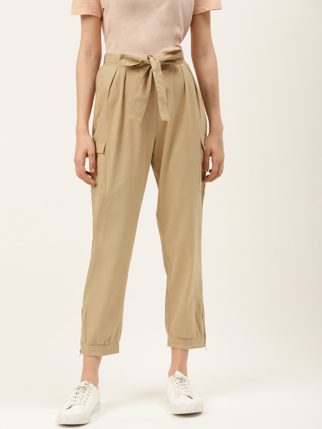 

Off Label Women Beige Regular Fit Solid Cotton Cropped Peg Trousers