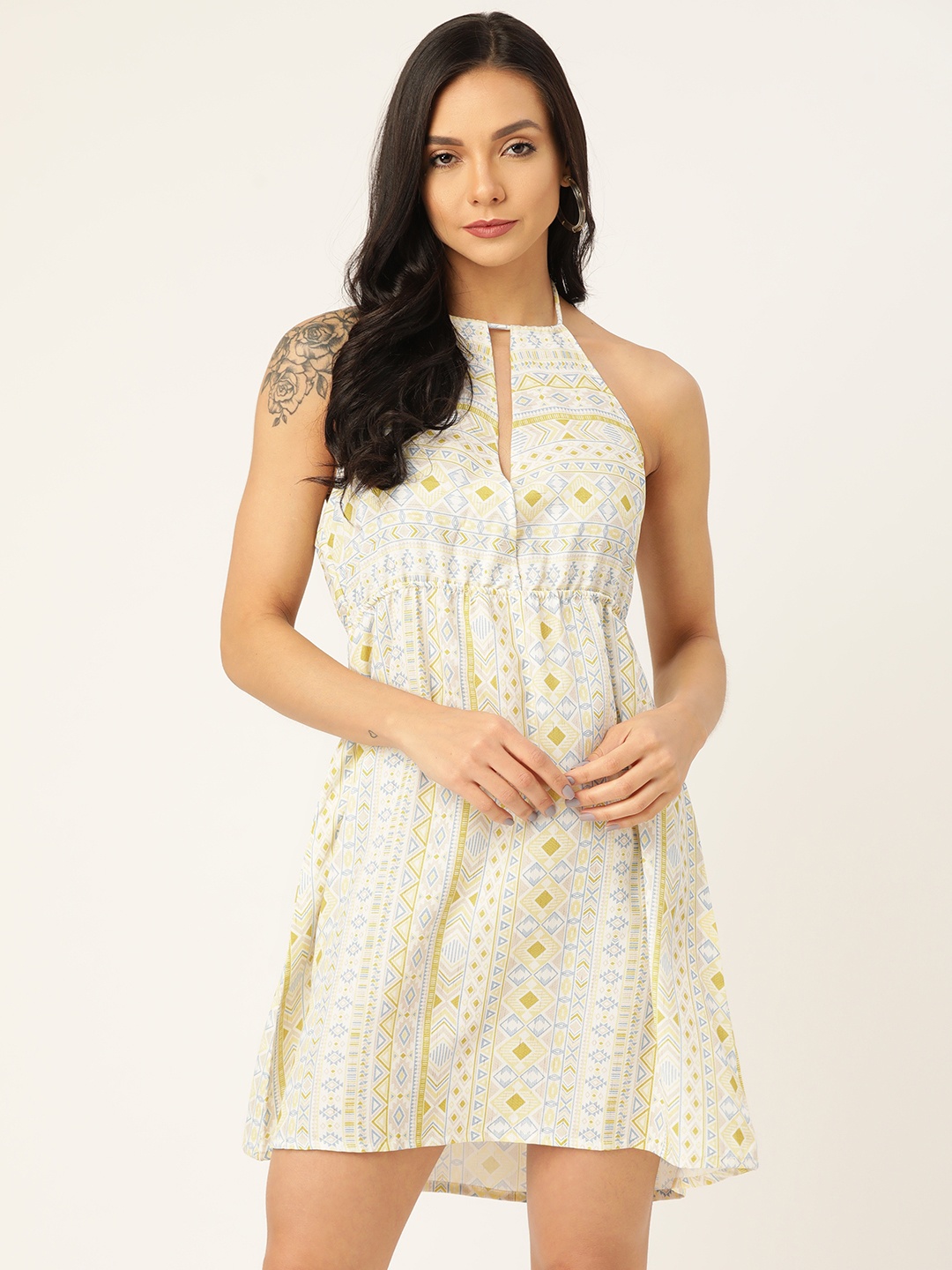 

MELOSO Women Yellow & Blue Printed A-Line Dress