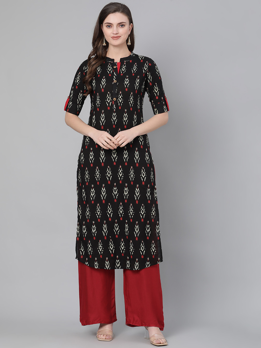 

mokshi Women Black & Off-White Cotton Printed Straight Kurta