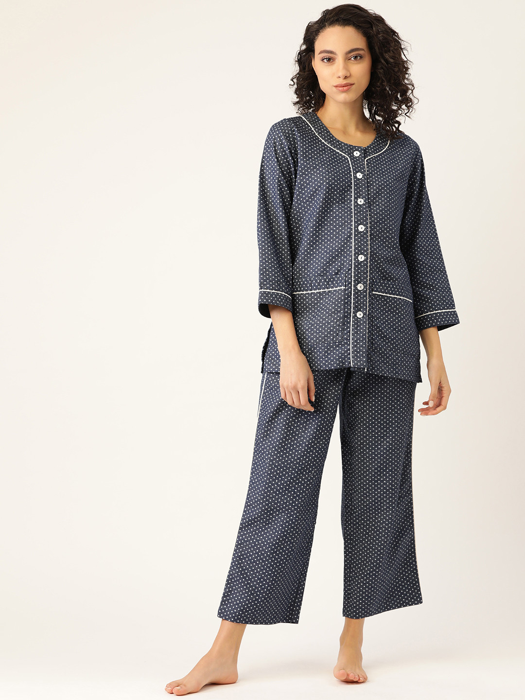 

COTCLO Women Navy Blue & White Pure Cotton Printed Denim Nightsuit