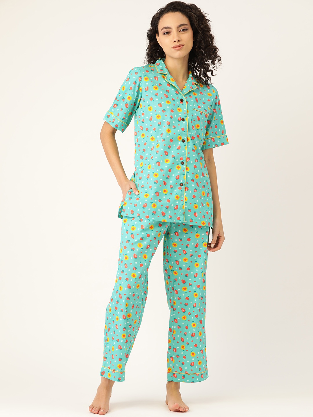 

COTCLO Women Sea Green & Orange Pure Cotton Printed Nightsuit