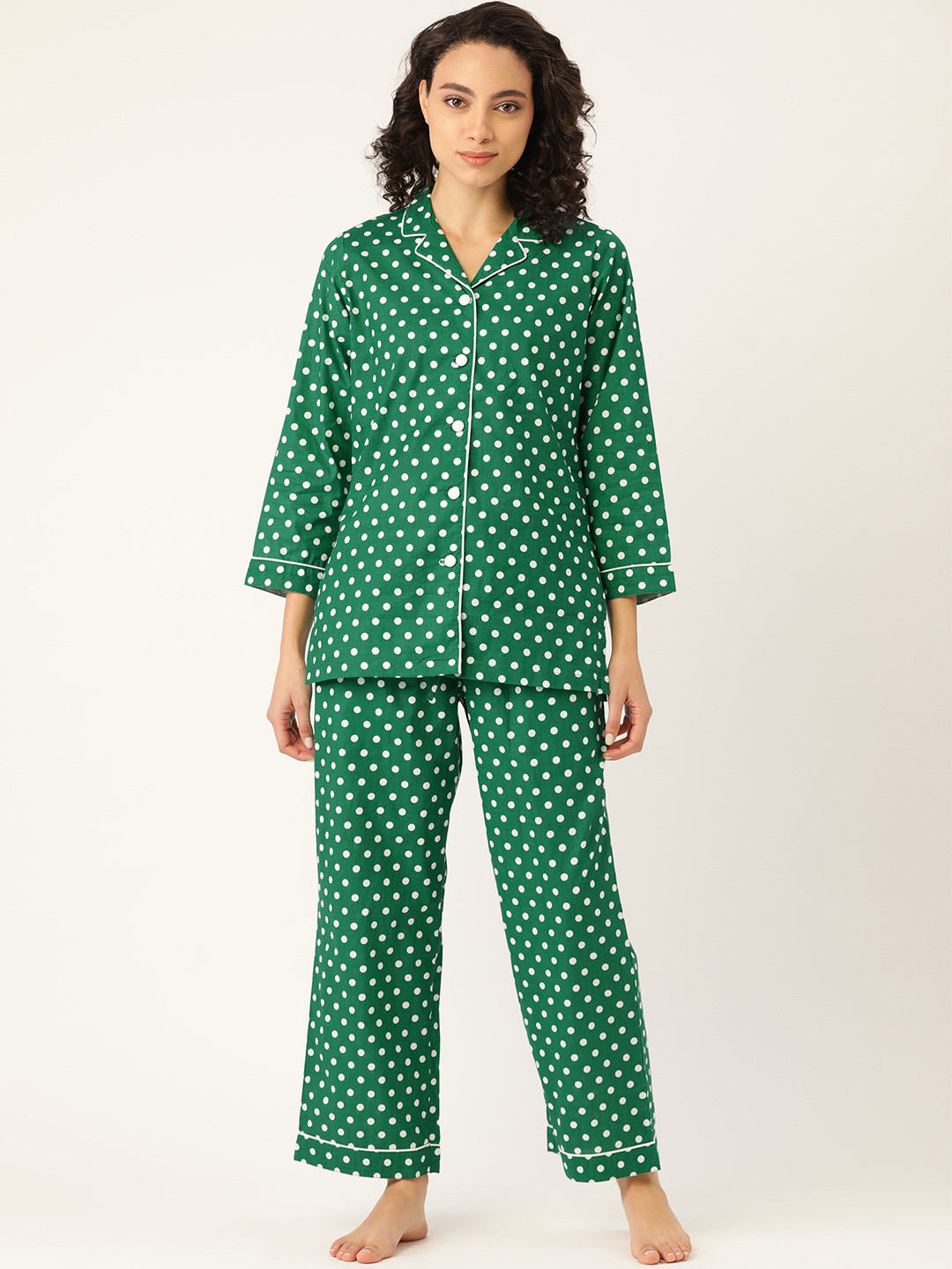 

COTCLO Women Green & White Polka Dots Pure Cotton Printed Night suit