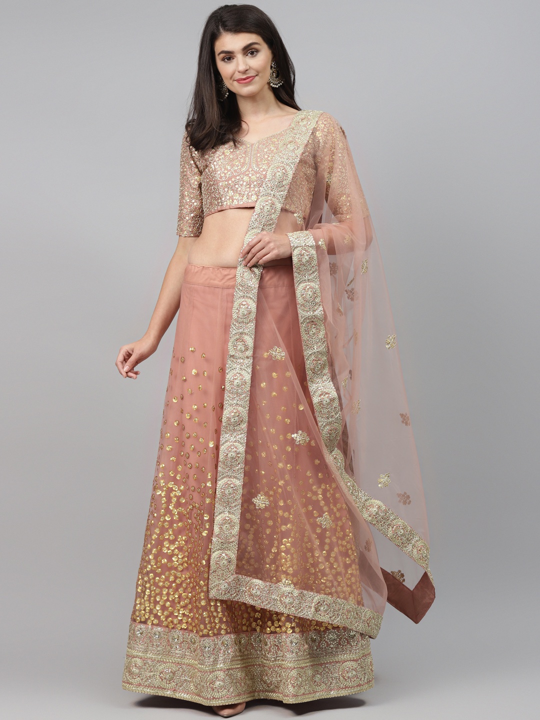 

Readiprint Fashions Peach-Coloured & Gold-Toned Embellished Semi-Stitched Lehenga & Unstitched Blouse with Dupatta