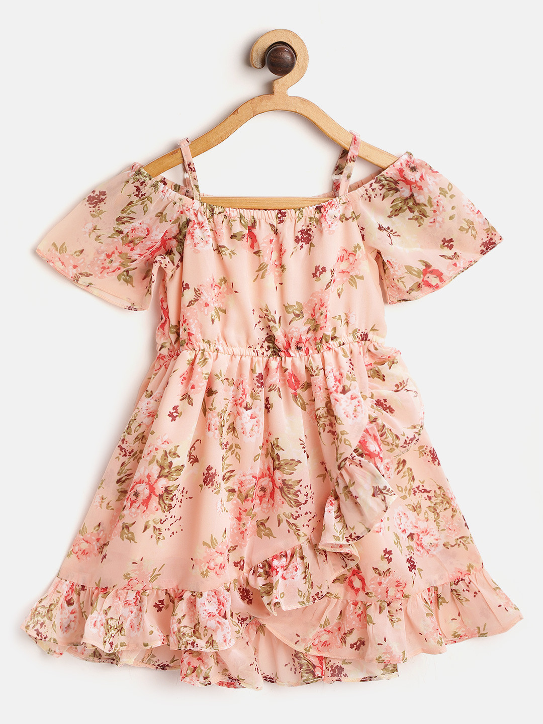 

pspeaches Girls Peach-Coloured & Green Floral Print Wrap Dress