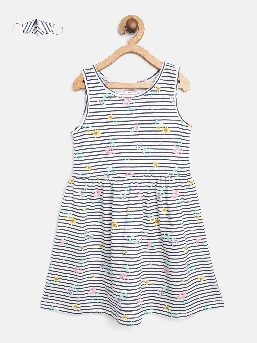 

pspeaches Girls White Blue Striped Floral Print Cotton A-Line Dress, Navy blue