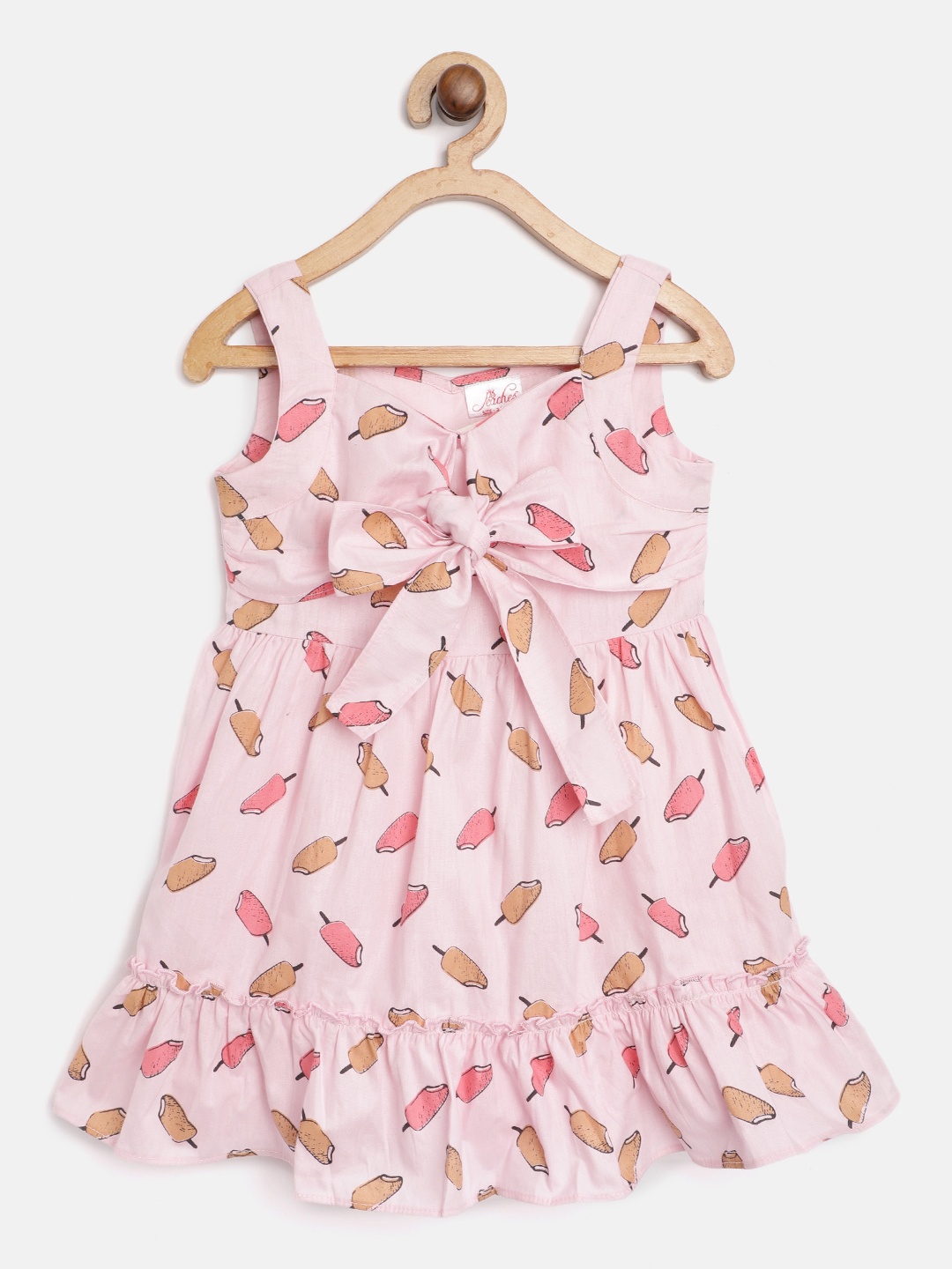 

pspeaches Girls Pink & Beige Ice-Cream Print Cotton A-Line Dress with Tie-up