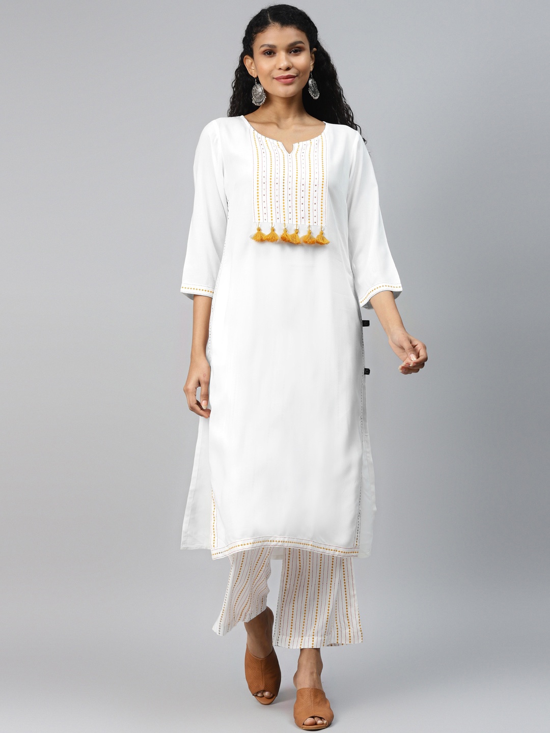 

clorals Women White & Mustard Yellow Yoke Design Kurta with Palazzos