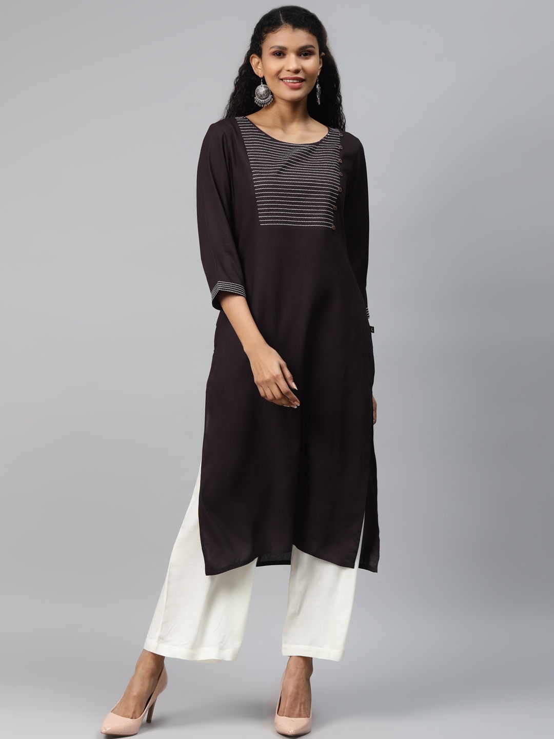 

clorals Women Coffee Brown & Off-White Yoke Design Liva Kurta with Palazzos