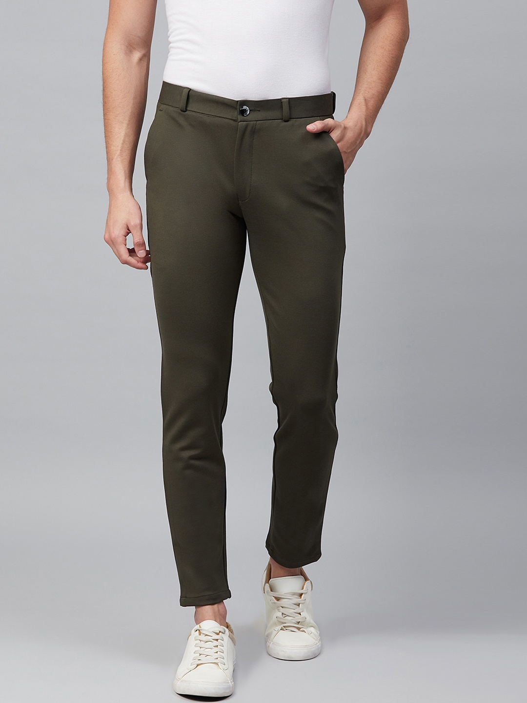 

DENNISON Men Olive Green Wrinkle Free 4-Way Lycra Cropped Fit Solid Chinos