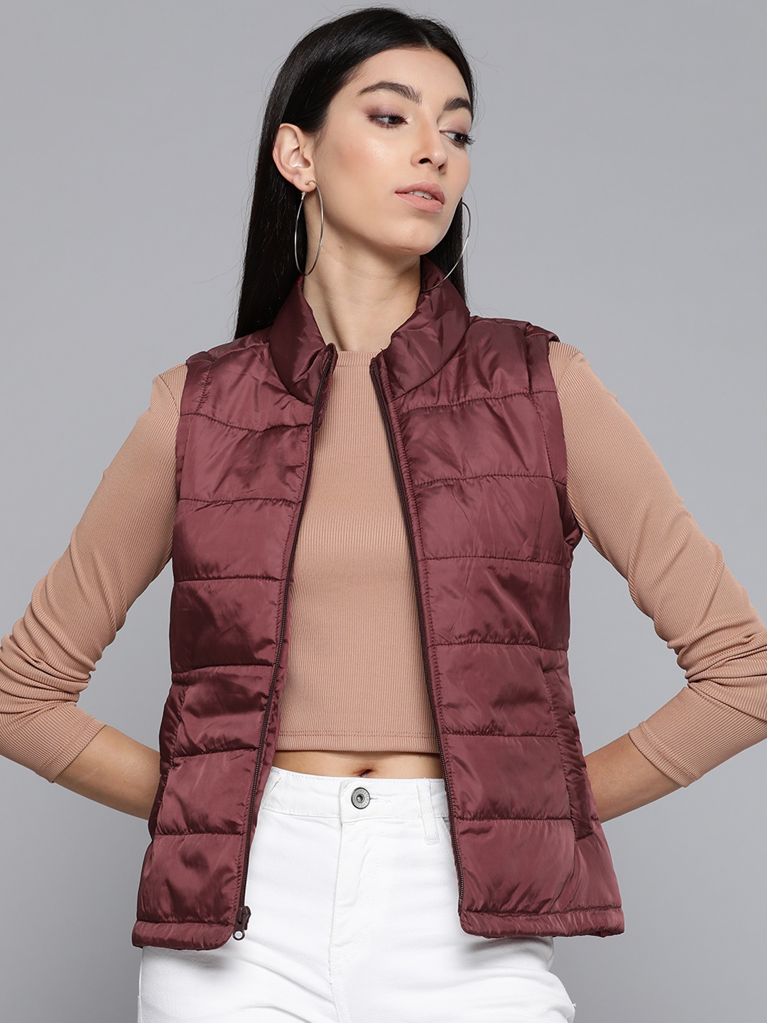 

Pierre Carlo Women Maroon Solid Sleeveless Padded Jacket