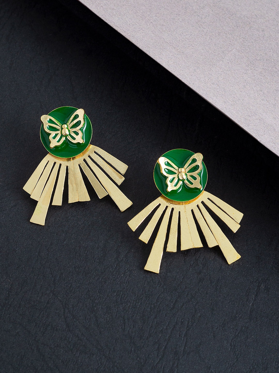 

Golden Peacock Gold-Toned & Green Handcrafted Geometric Drop Earrings