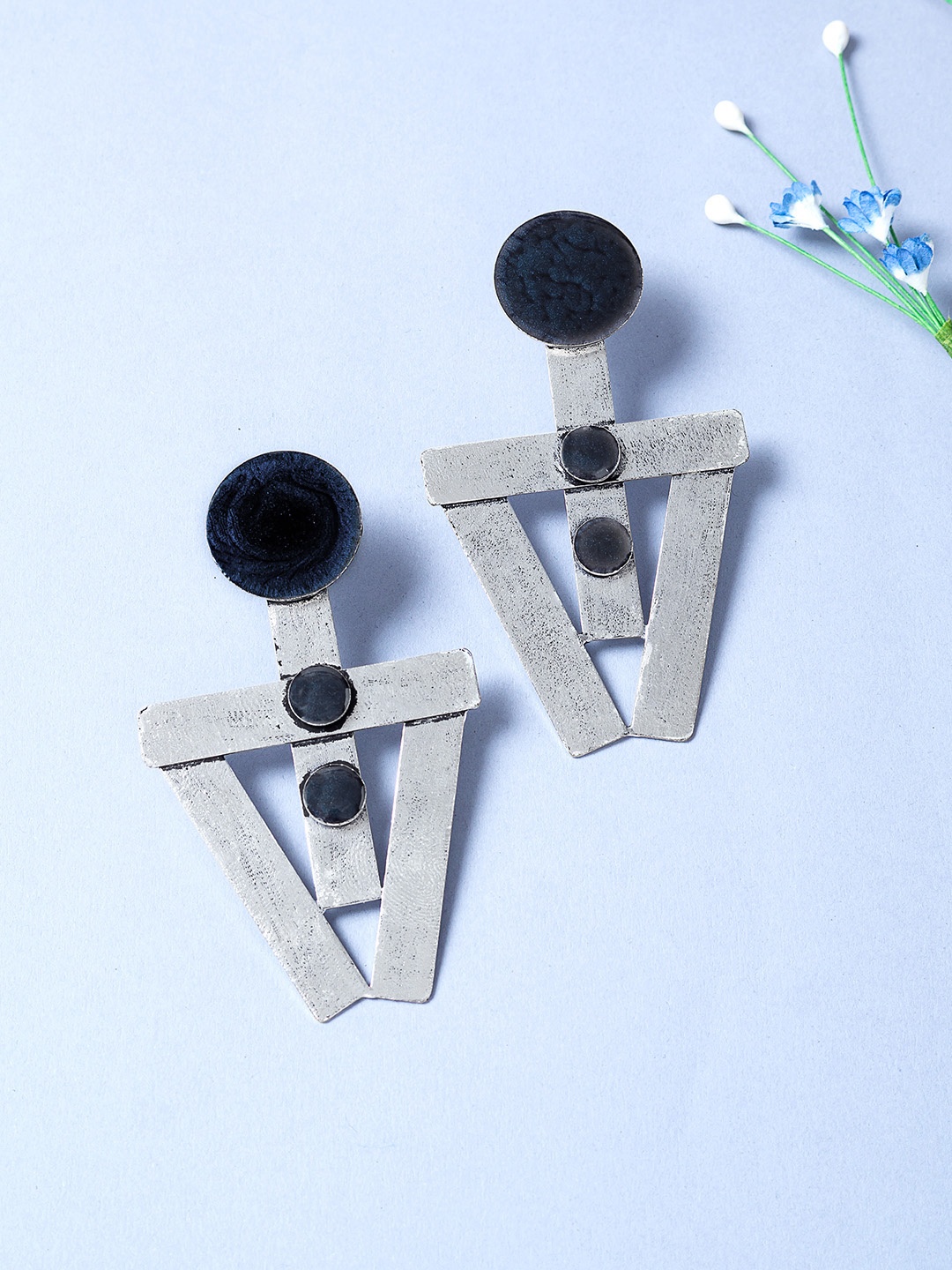 

Golden Peacock Silver-Toned & Navy Blue Handcrafted Geometric Drop Earrings